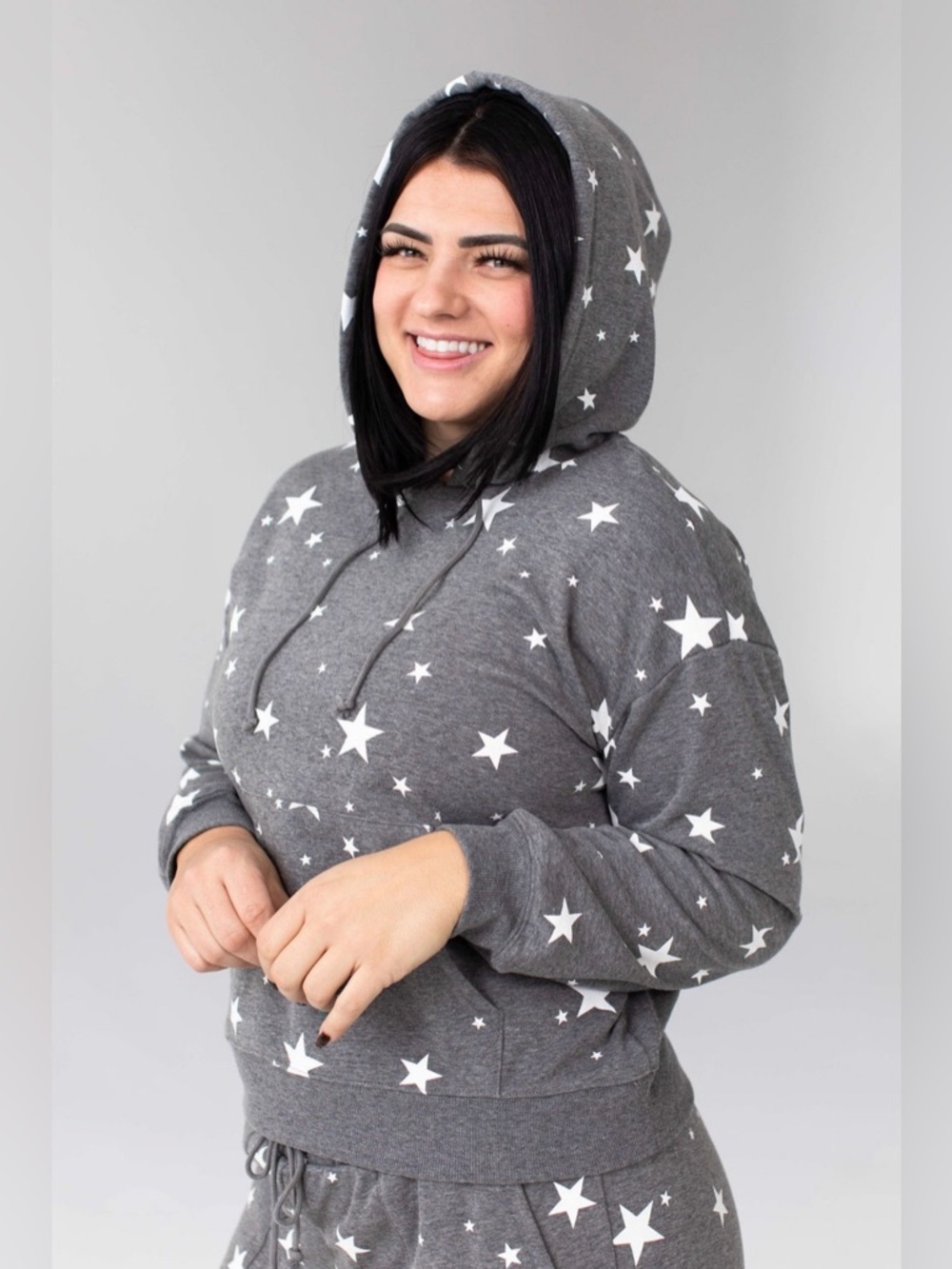 Savvi Shine Hoodie Star Print Gray Pullover | Plush Lined | Size L | EUC - Picture 7 of 13